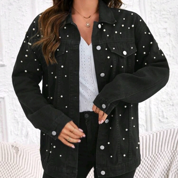 Pearl studded black jean jacket - Picture 1 of 3